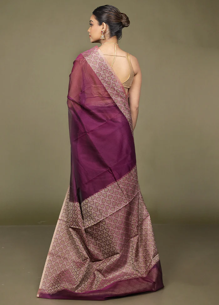 Purple Kota Cotton Saree With Blouse Piece - Image 3