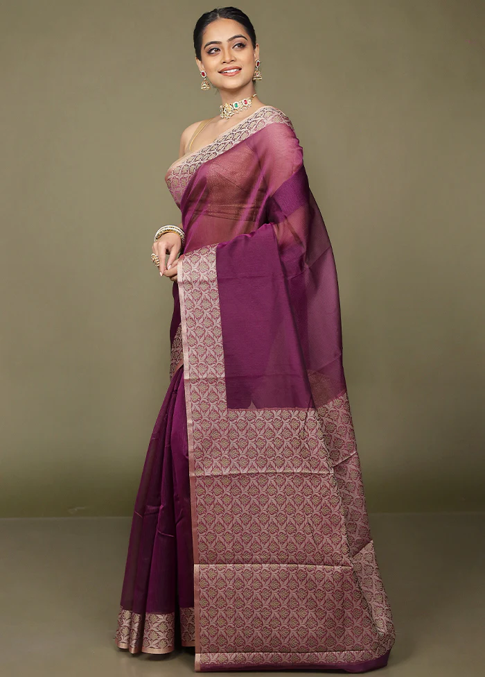 Purple Kota Cotton Saree With Blouse Piece - Image 4