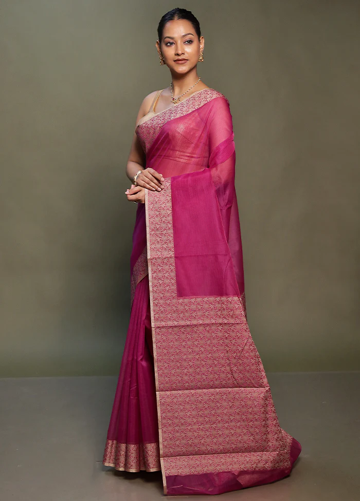Purple Kota Cotton Saree With Blouse Piece - Image 4