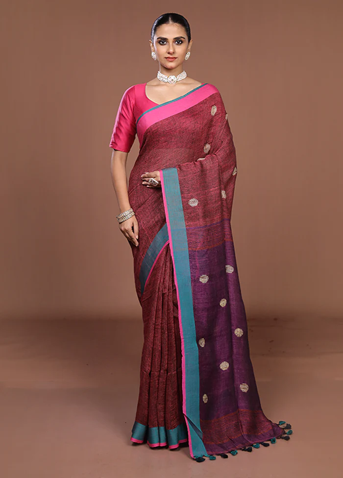 Purple Linen Silk Saree With Blouse Piece - Image 2