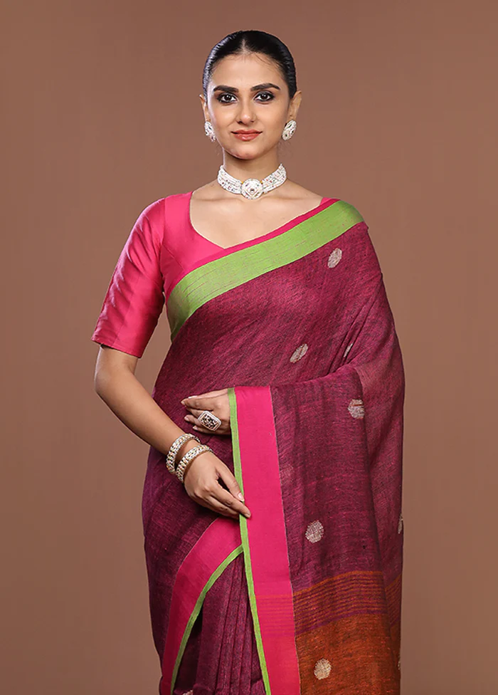 Purple Linen Silk Saree With Blouse Piece