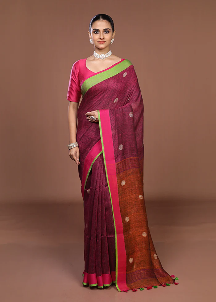 Purple Linen Silk Saree With Blouse Piece - Image 2