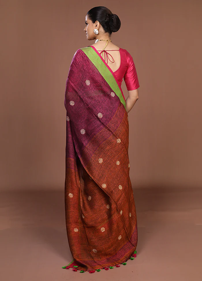 Purple Linen Silk Saree With Blouse Piece - Image 3