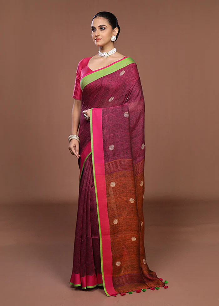 Purple Linen Silk Saree With Blouse Piece - Image 4