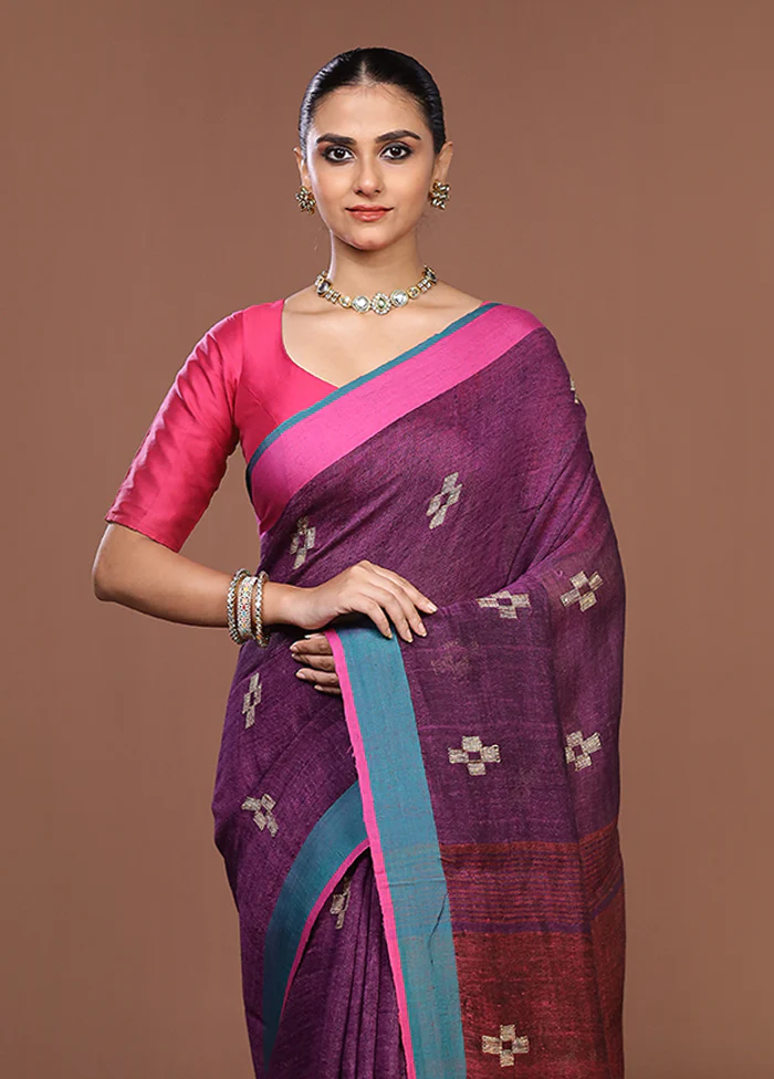 Purple Linen Silk Saree With Blouse Piece
