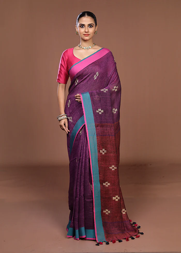 Purple Linen Silk Saree With Blouse Piece - Image 2