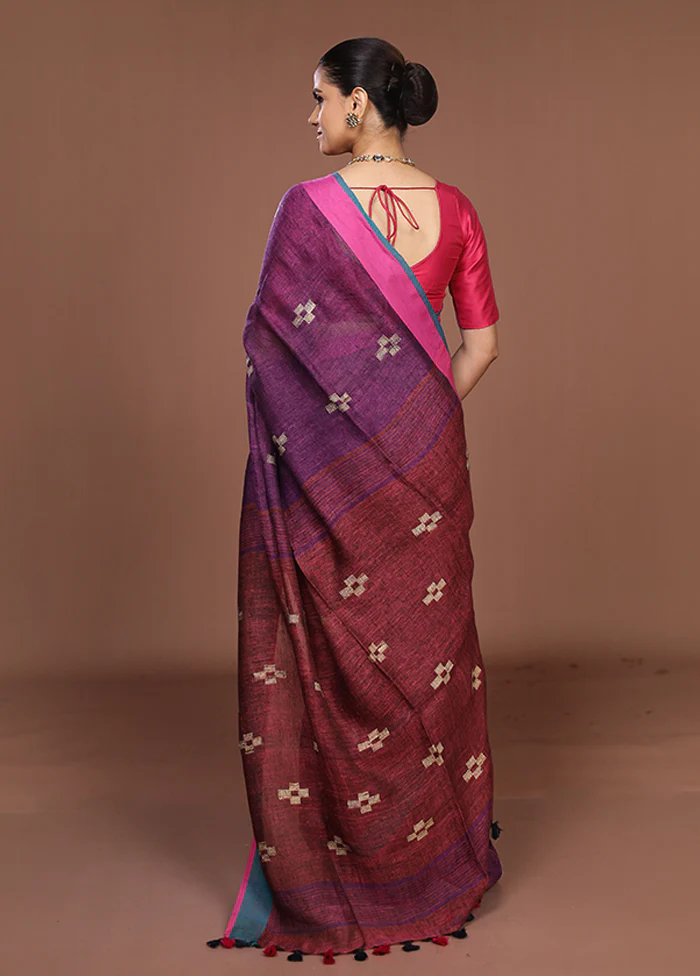 Purple Linen Silk Saree With Blouse Piece - Image 3