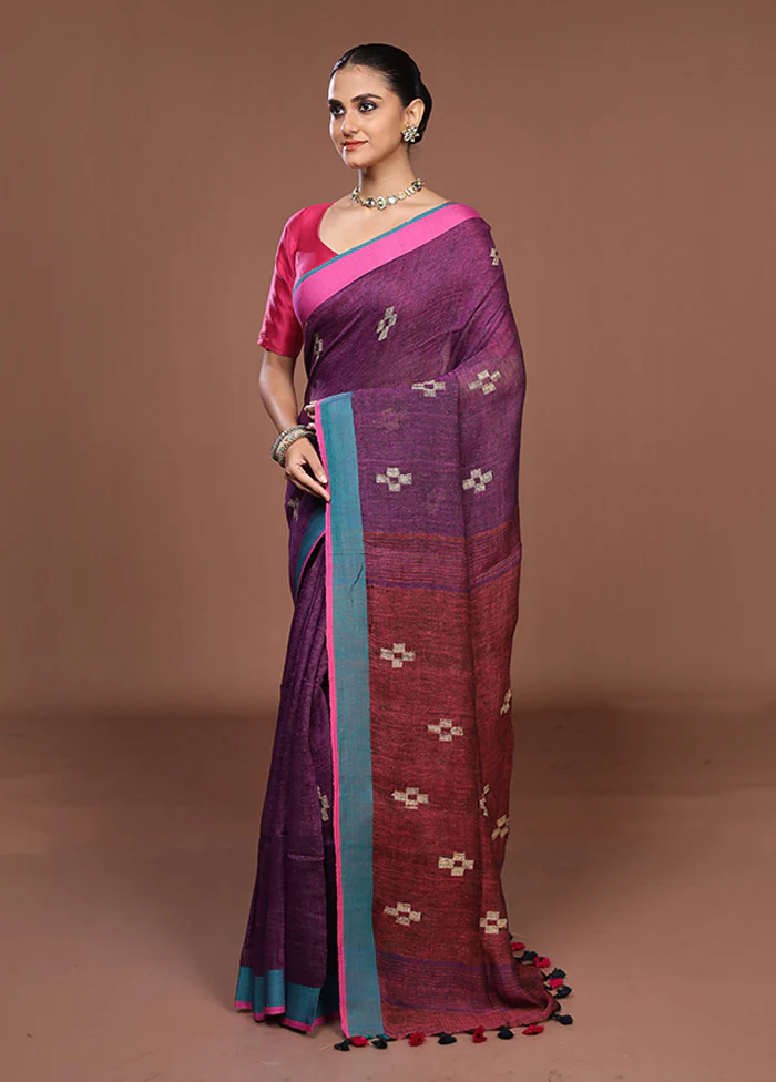 Purple Linen Silk Saree With Blouse Piece - Image 4
