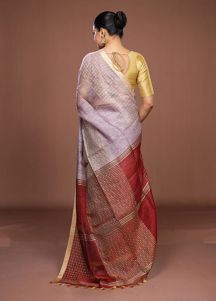Purple Linen Silk Saree With Blouse Piece - Image 3