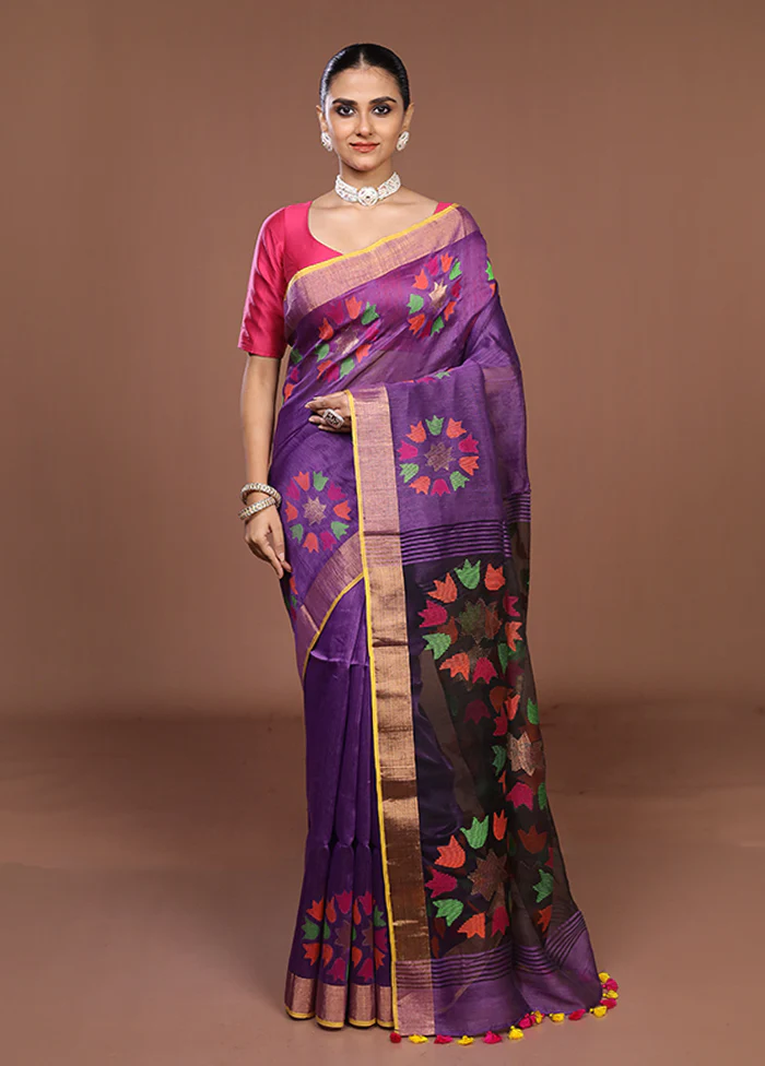 Purple Matka Silk Saree With Blouse Piece - Image 2