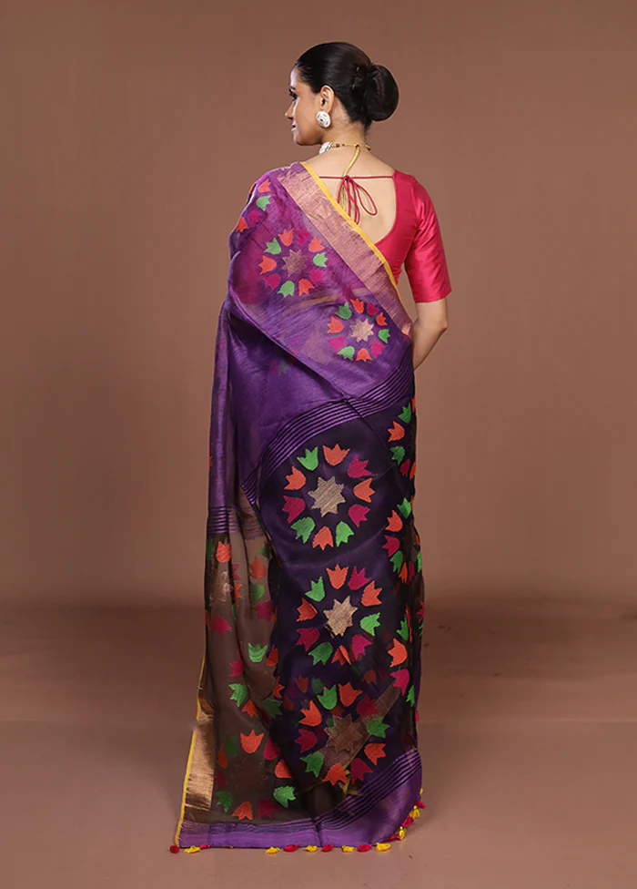 Purple Matka Silk Saree With Blouse Piece - Image 3
