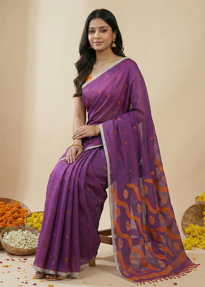 Purple Matka Silk Saree With Blouse Piece - Image 3