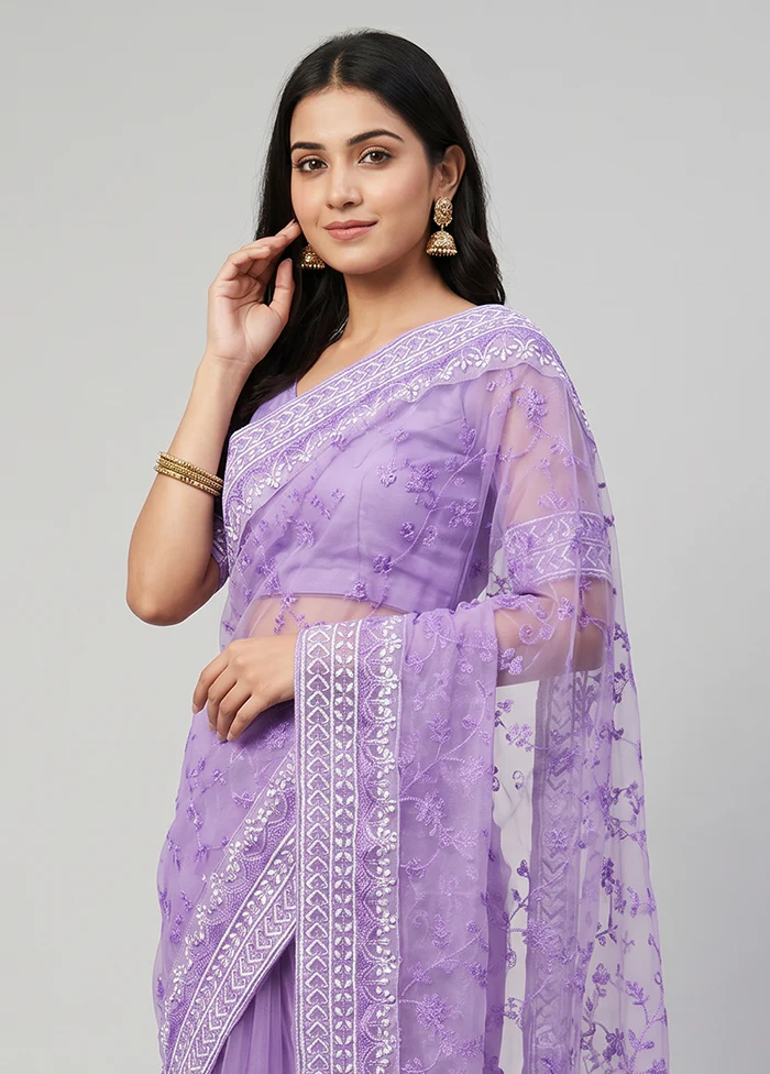 Purple Net Saree With Blouse Piece - Image 2