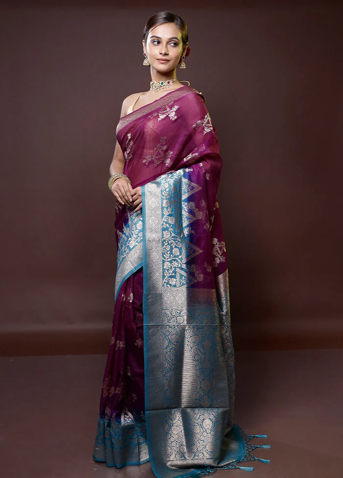 Purple Organza Saree With Blouse Piece - Image 4