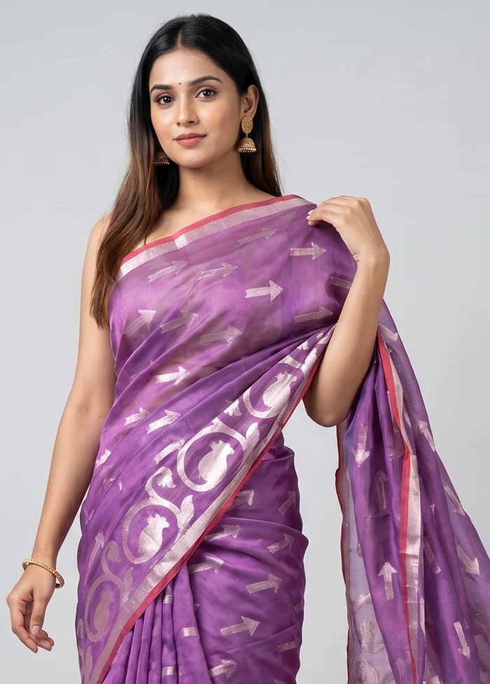 Purple Organza Saree With Blouse Piece - Image 2