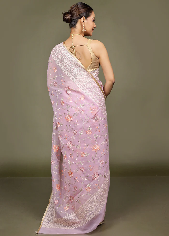 Purple Organza Saree With Blouse Piece - Image 3