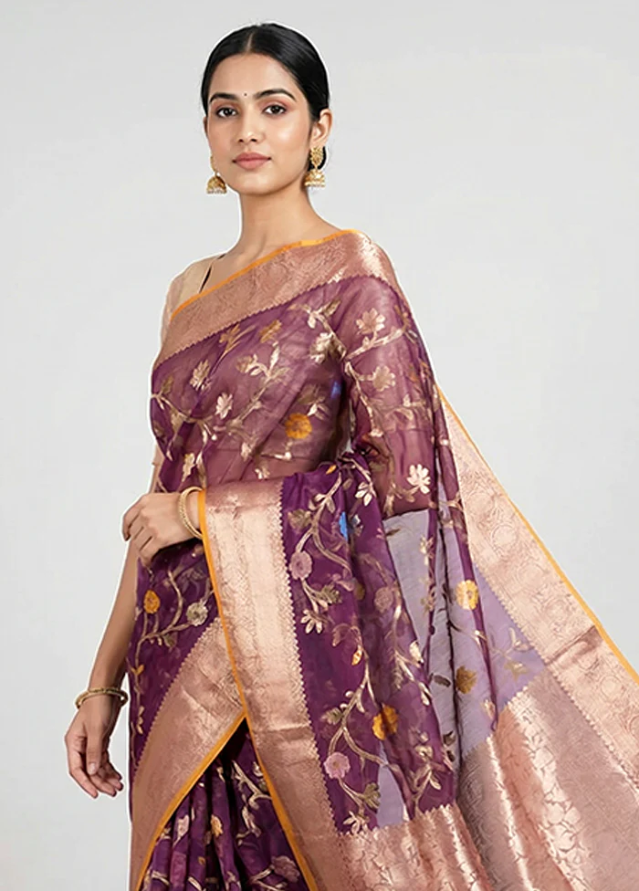 Purple Organza Saree With Blouse Piece - Image 2