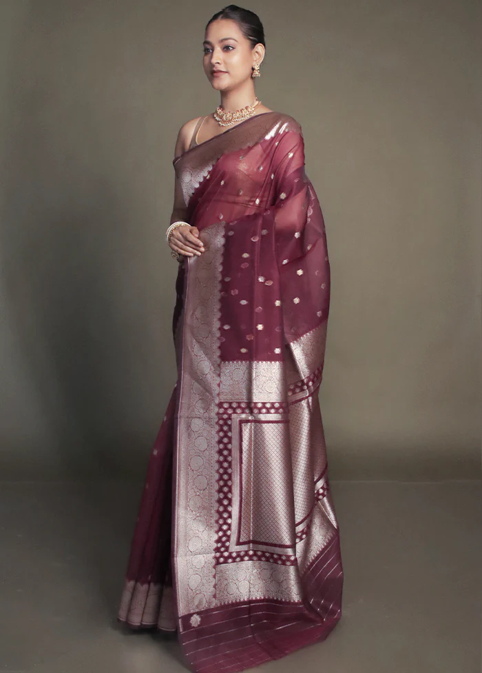 Purple Organza Saree With Blouse Piece - Image 4