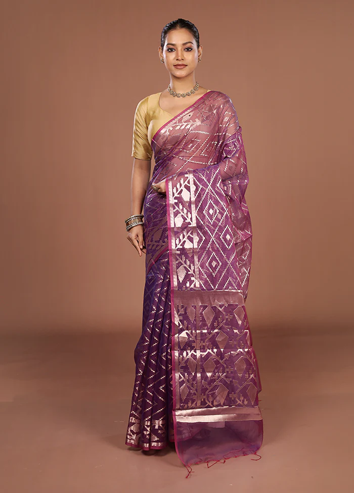 Purple Organza Saree With Blouse Piece - Image 2