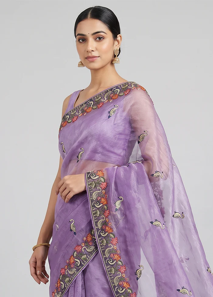 Purple Organza Saree With Blouse Piece - Image 2