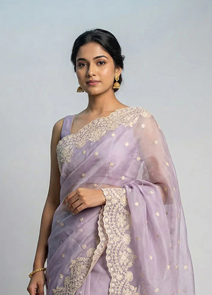 Purple Organza Saree With Blouse Piece - Image 2