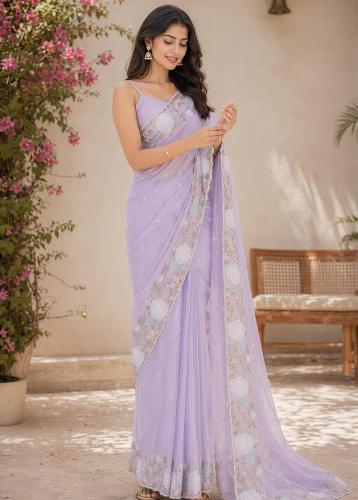 Purple Organza Saree With Blouse Piece - Image 3