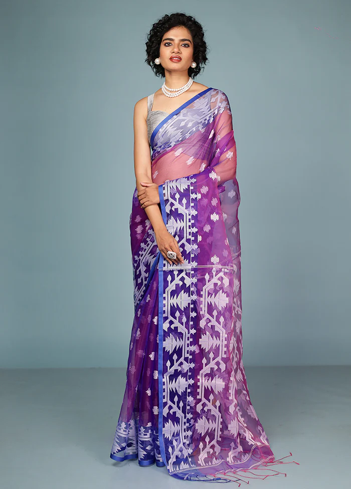 Purple Organza Saree Without Blouse Piece - Image 2