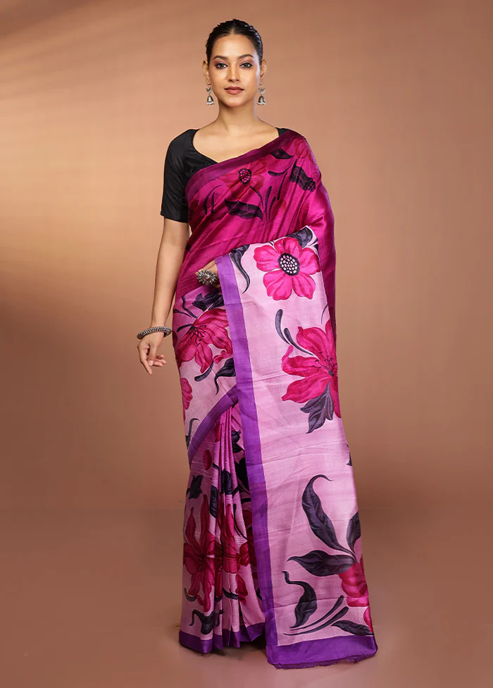 Purple Printed Pure Silk Saree Without Blouse Piece - Image 2
