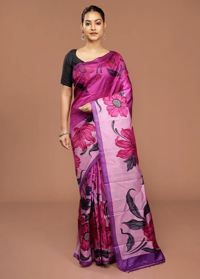 Purple Printed Pure Silk Saree Without Blouse Piece - Image 2