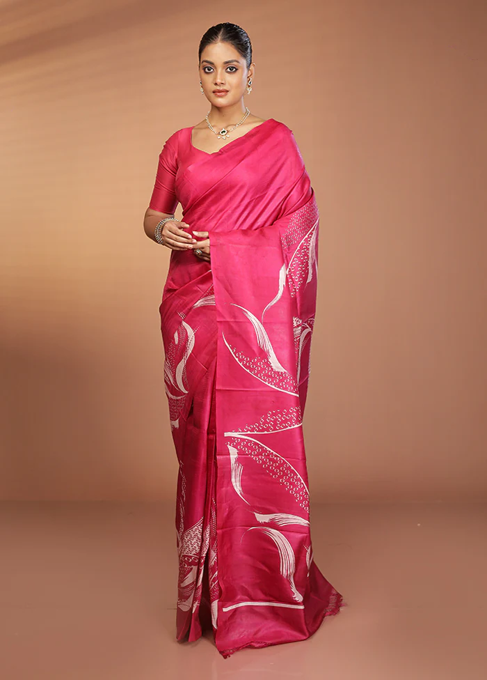 Pink Printed Pure Silk Saree Without Blouse Piece - Image 2
