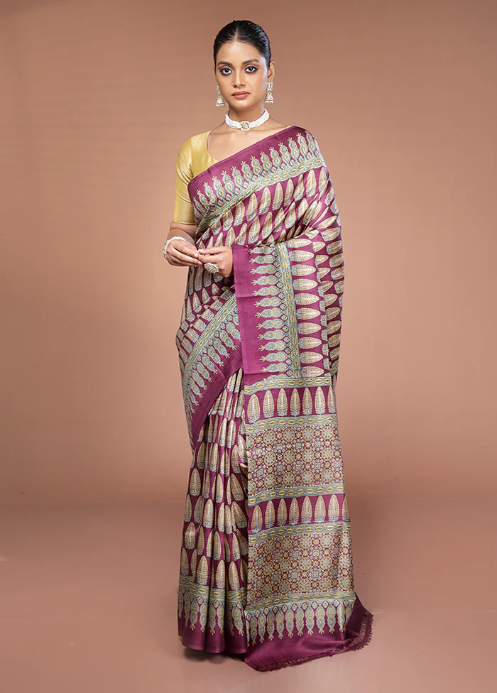 Purple Printed Pure Silk Saree Without Blouse Piece - Image 2