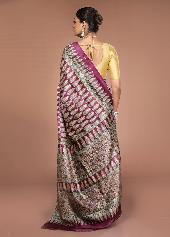 Purple Printed Pure Silk Saree Without Blouse Piece - Image 3