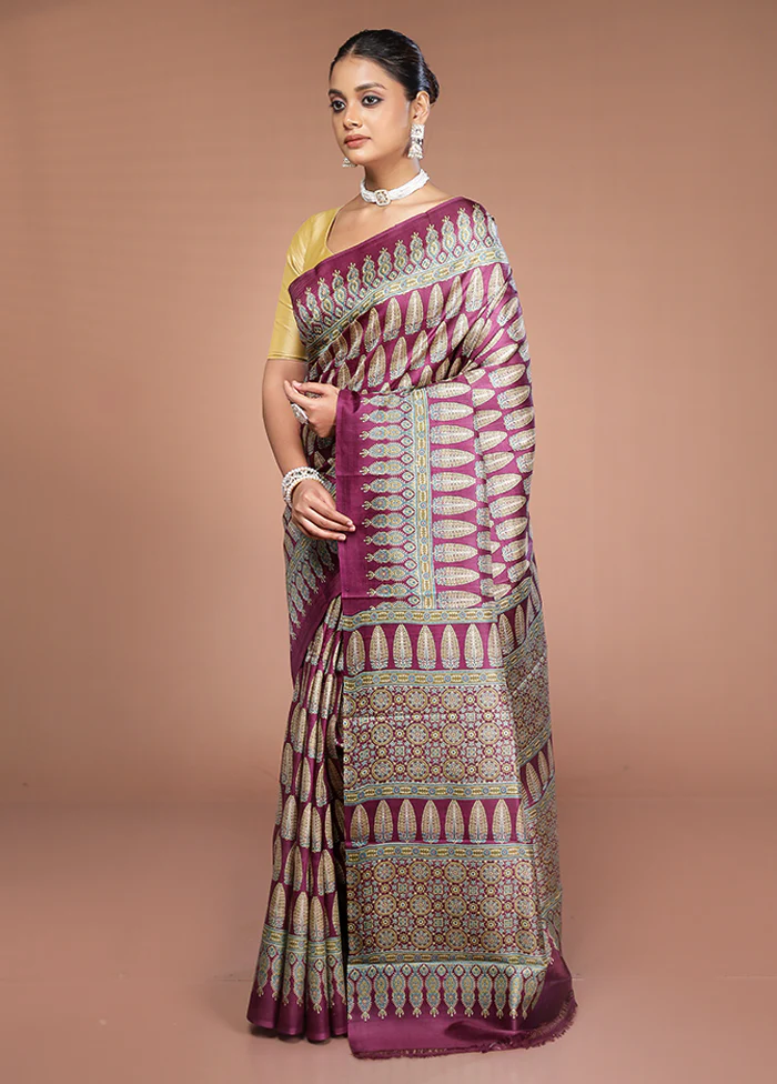 Purple Printed Pure Silk Saree Without Blouse Piece - Image 4