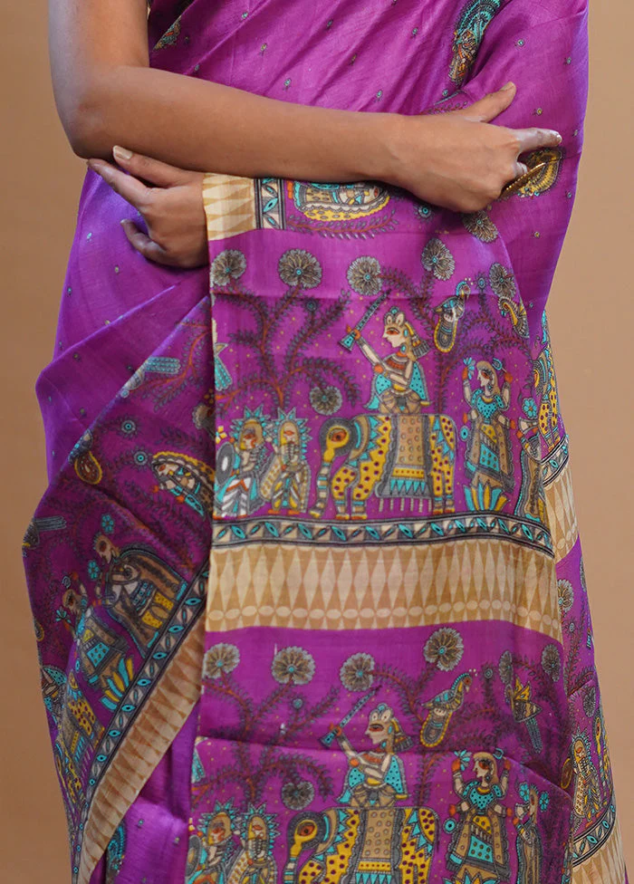 Purple Printed Pure Silk Saree Without Blouse Piece - Image 3