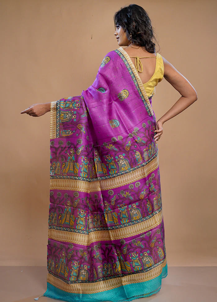 Purple Printed Pure Silk Saree Without Blouse Piece - Image 4