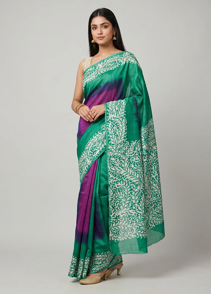 Purple Printed Pure Silk Saree Without Blouse Piece