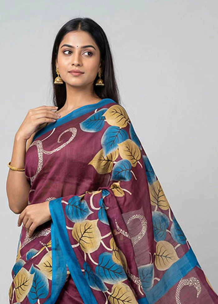 Purple Printed Silk Saree Without Blouse Piece - Image 2