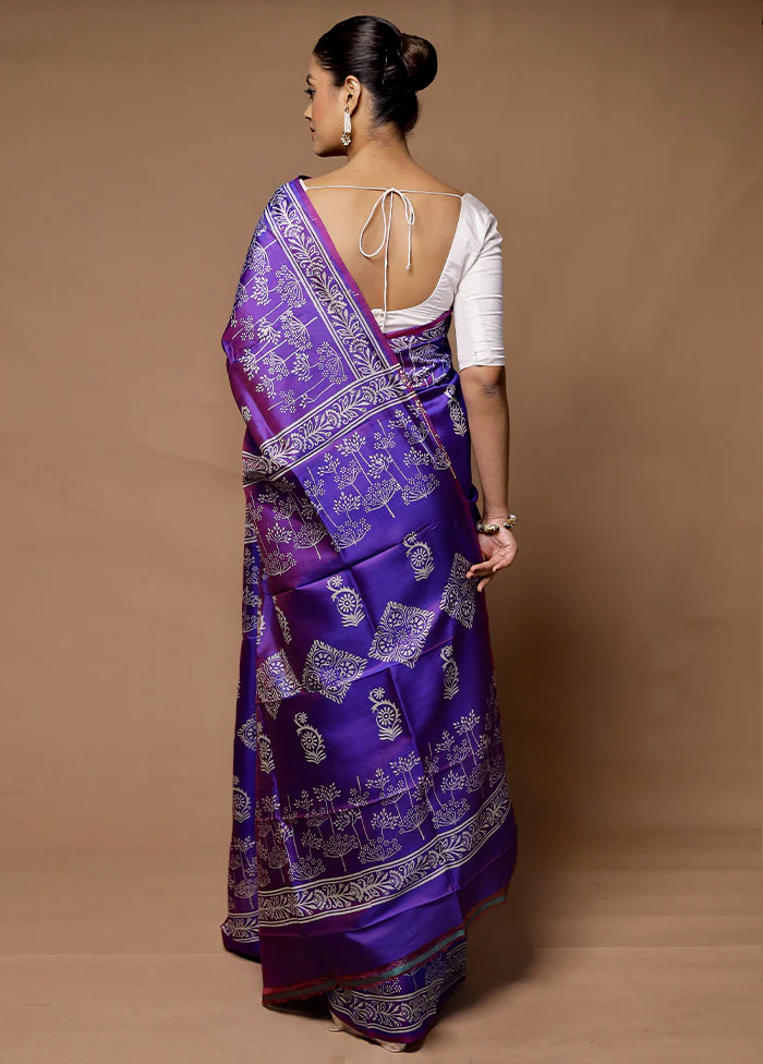 Purple Printed Pure Silk Saree Without Blouse Piece - Image 3