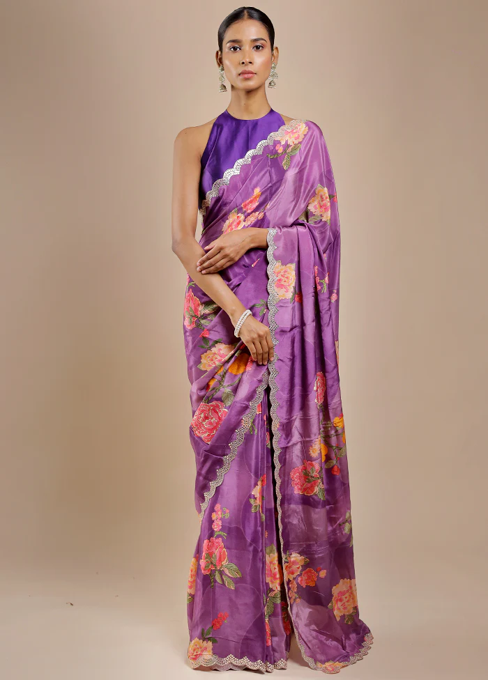 Purple Printed Pure Silk Saree Without Blouse Piece