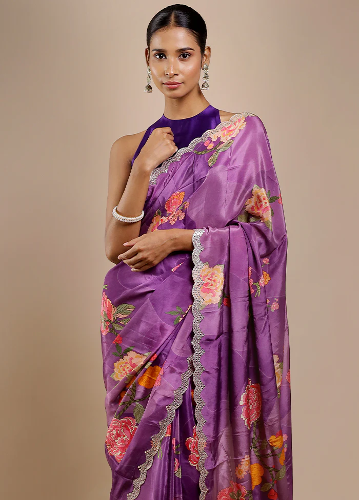 Purple Printed Pure Silk Saree Without Blouse Piece - Image 2