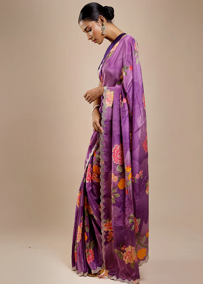 Purple Printed Pure Silk Saree Without Blouse Piece - Image 3