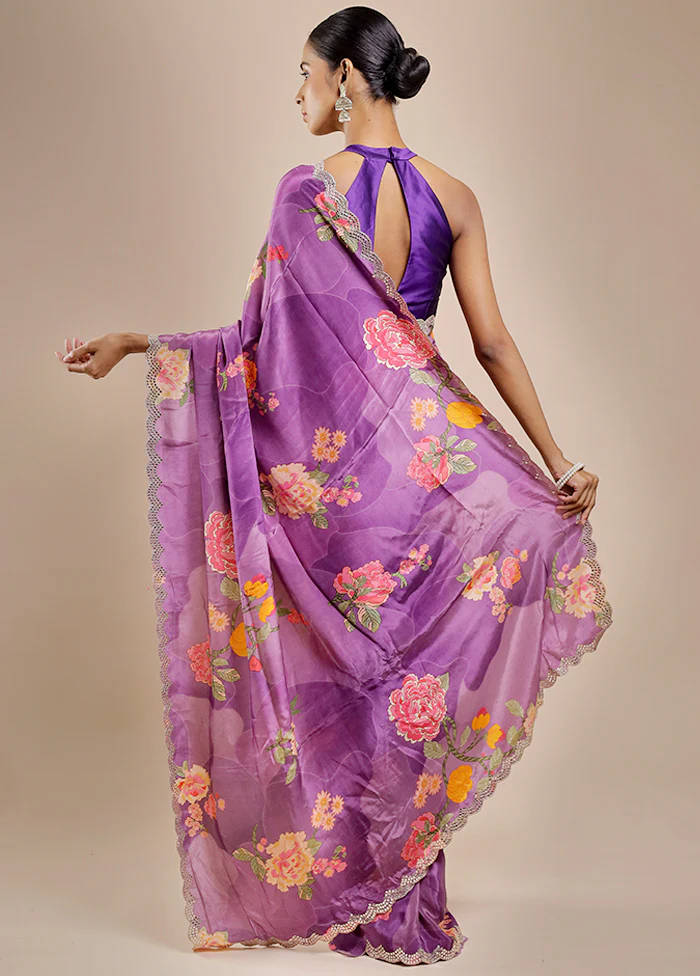 Purple Printed Pure Silk Saree Without Blouse Piece - Image 4