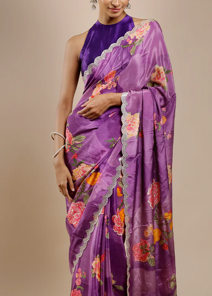 Purple Printed Pure Silk Saree Without Blouse Piece - Image 5