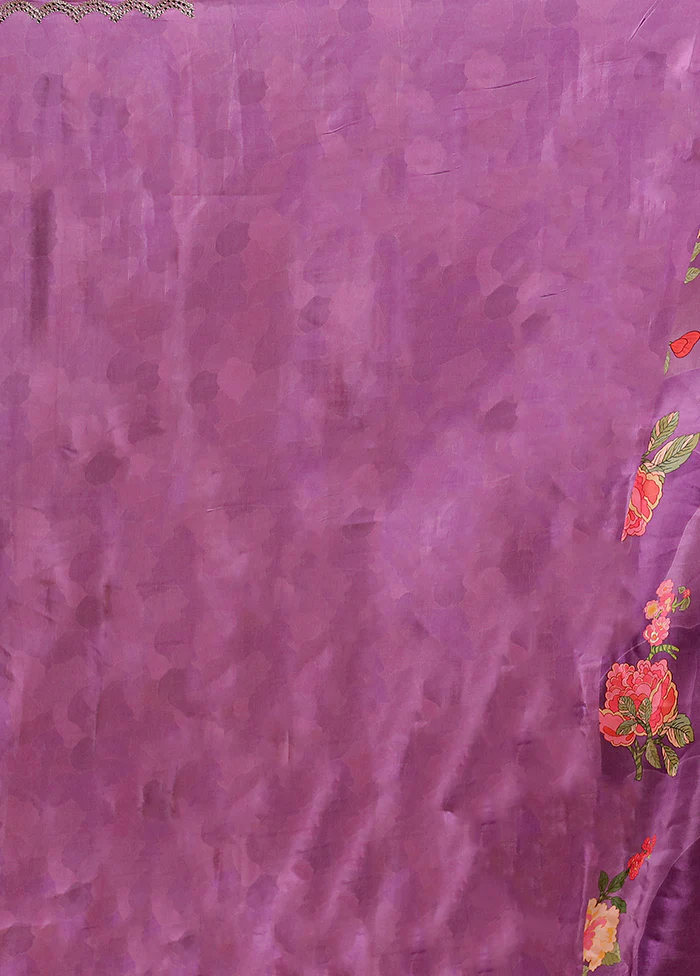 Purple Printed Pure Silk Saree Without Blouse Piece - Image 6
