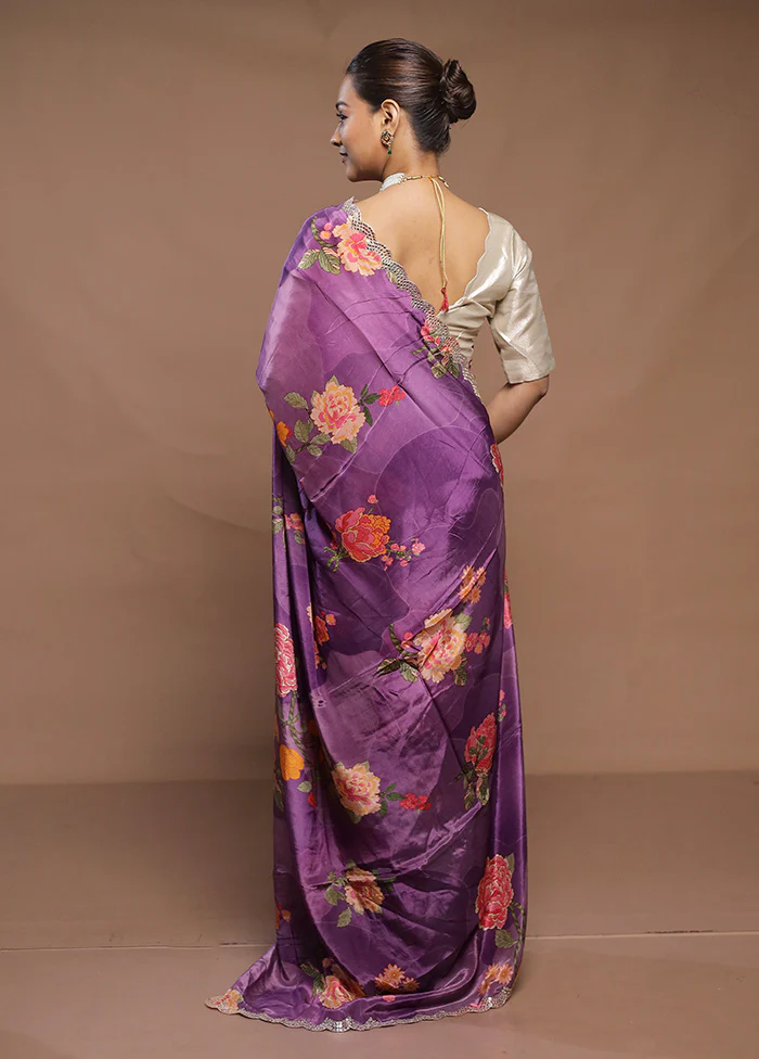 Purple Printed Silk Saree Without Blouse Piece - Image 3