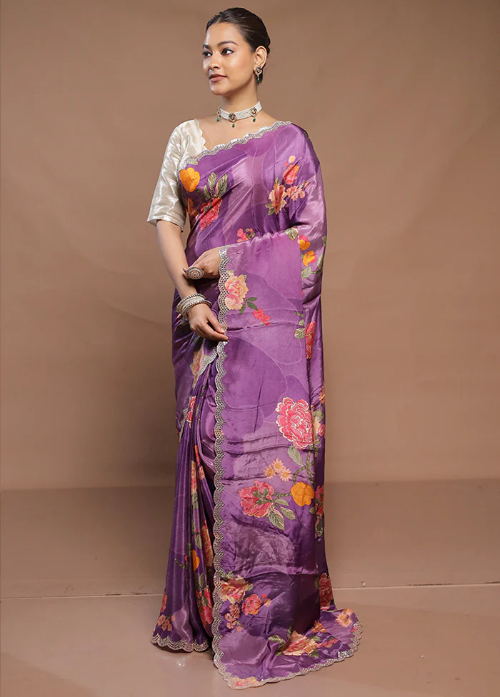 Purple Printed Silk Saree Without Blouse Piece - Image 4