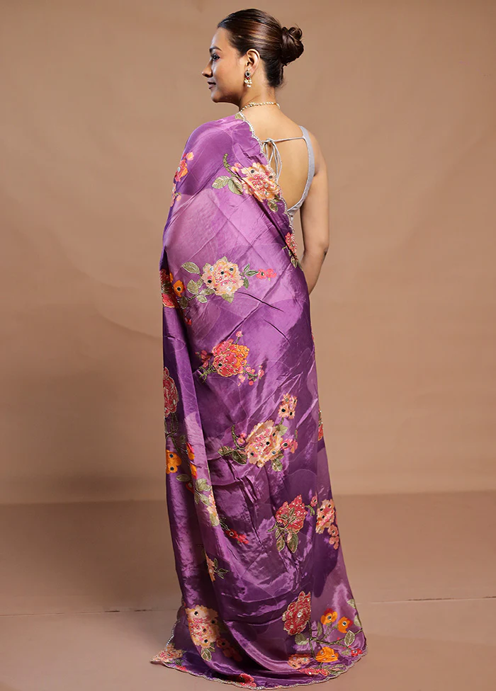 Purple Printed Pure Silk Saree Without Blouse Piece - Image 3