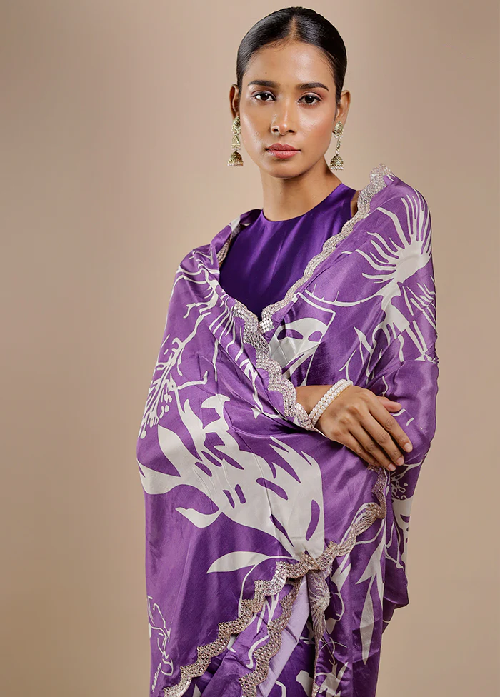 Purple Printed Pure Silk Saree Without Blouse Piece - Image 3