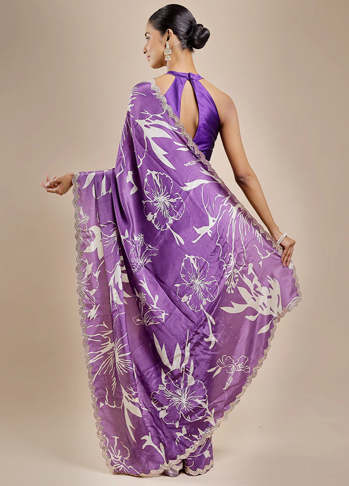 Purple Printed Pure Silk Saree Without Blouse Piece - Image 4
