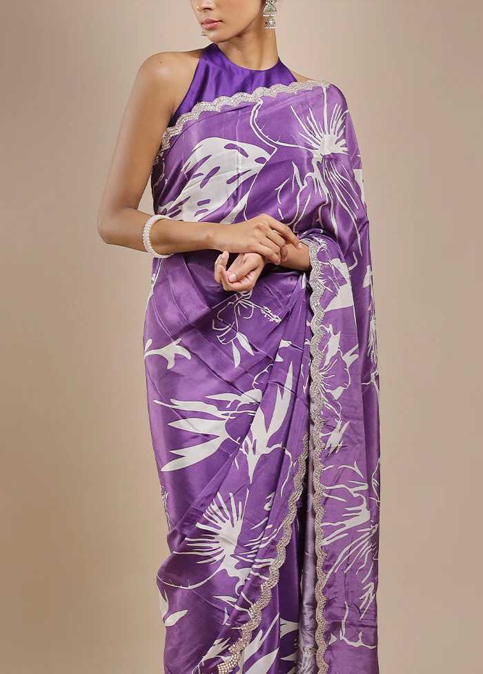 Purple Printed Pure Silk Saree Without Blouse Piece - Image 5